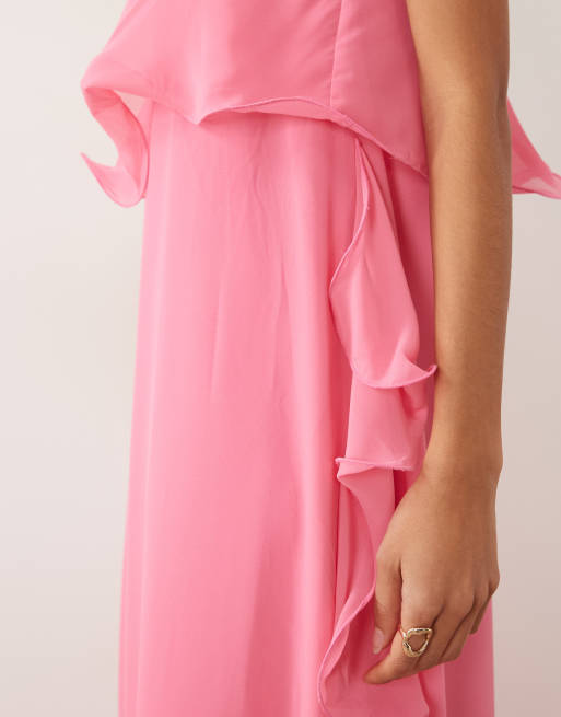 Vero Moda maxi-jurk van chiffon met rucherand in felroze, 4 van 4