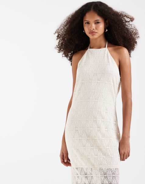 Vero Moda - Maxi jurk van kant met stretch en halternek in crème - view 1