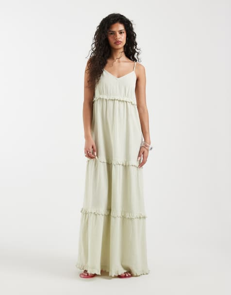 Vero Moda - Maxi jurk van katoen met bandjes, stroken en geschulpte rand in lichtgroen - view 1