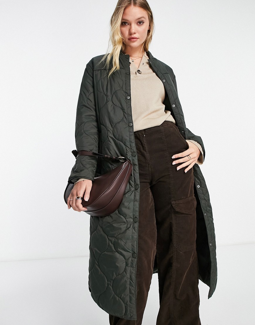 Vero Moda maxi quilted coat with snaps in green