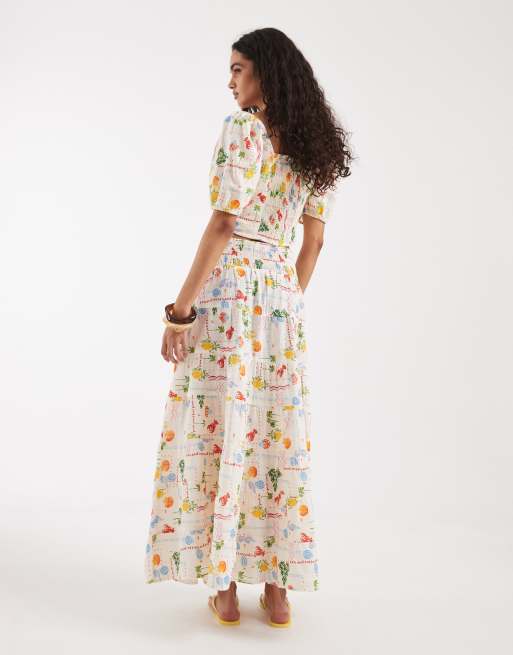 Vero Moda - Maxi rok met aangerimpelde taille in crème met kustprint, deel van co-ord set, 4 van 5