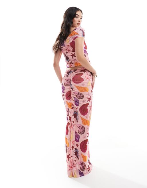 Vero Moda Maxi rok van mesh met schelpenprint in roze deel van co ord set ASOS