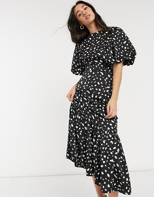 Vero Moda maxi satin dress with puffball sleeves in black spot print