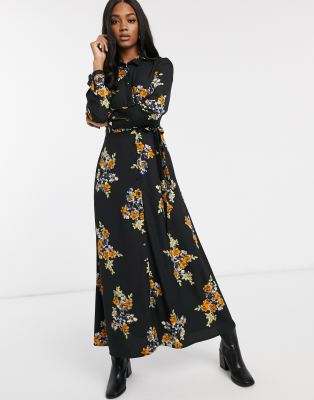 dark floral woven maxi shirt dress