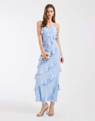 Vero Moda - Maxi-Trägerkleid in Hellblau mit asymmetrischem Schnitt und Rüschen