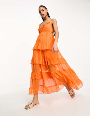 Vero Moda - Maxi-Trägerkleid in Orange mit Rüschen