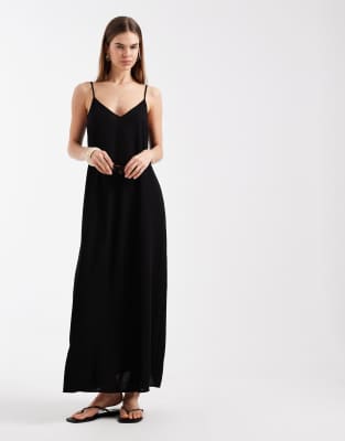 Vero Moda - Maxi-Trägerkleid in Schwarz mit Leinen-Haptik