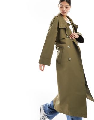 Vero Moda - Maxi-Trenchcoat in Khaki mit hohem Kragen und Bindegürtel-Grün