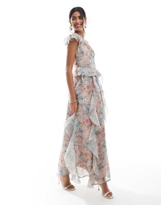 Vero Moda - Maxikleid aus Chiffon mit Rüschendetail, One-Shoulder-Träger und verblasstem Blumenmuster-Bunt