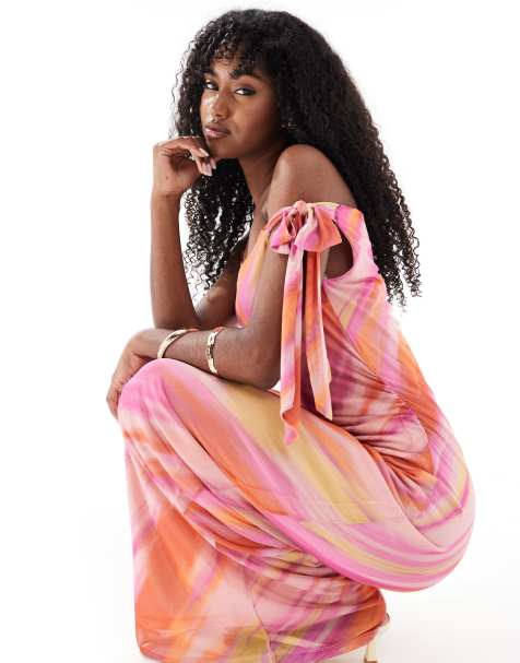 Vero Moda – Maxikleid aus Netzstoff mit pastellfarbenem Batikmuster und asymmetrischem Off-Shoulder-Design - view 1