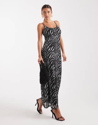 Vero Moda - Maxikleid aus Netzstoff mit schmalen Trägern und Zebramuster-Neutral