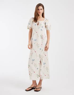 Vero Moda - Maxikleid in Creme mit Puffärmeln, Bindedetail vorne und Blumenmuster-Weiß