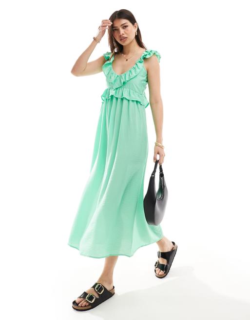 Vero Moda – Maxikleid in Grün mit Rüschen und V-Ausschnitt