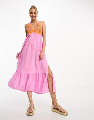 Vero Moda - Maxikleid in Rosa mit besticktem Oberteil in Orange