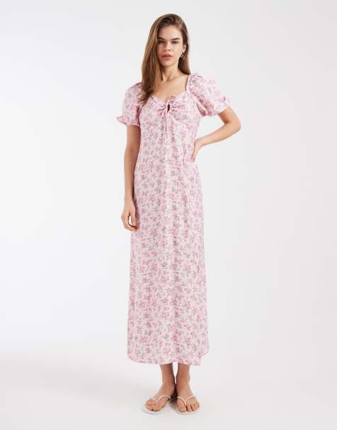 Vero Moda – Maxikleid in Rosa mit Puffärmeln, Bindedetail vorne und Blumenmuster - view 1