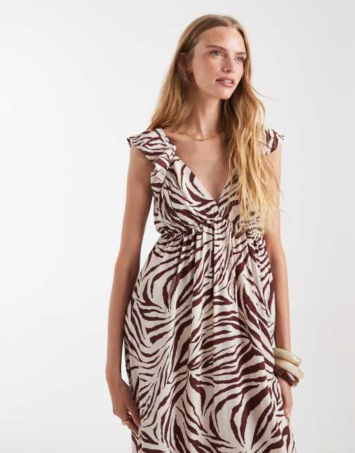 Vero Moda – Maxikleid in Schokobraun mit Zebramuster, gerüschter Schulterpartie und V-Ausschnitt, 3 von 4
