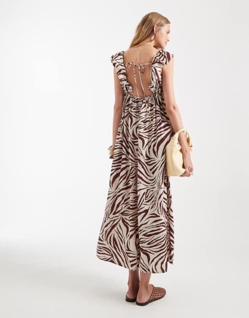 Vero Moda – Maxikleid in Schokobraun mit Zebramuster, gerüschter Schulterpartie und V-Ausschnitt, 4 von 4
