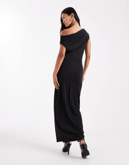 Vero Moda – Maxikleid in Schwarz mit weich fallender Drapierung auf der Vorderseite und durchgehender Strassverzierung, 2 von 4