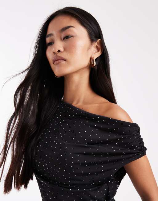 Vero Moda – Maxikleid in Schwarz mit weich fallender Drapierung auf der Vorderseite und durchgehender Strassverzierung, 3 von 4