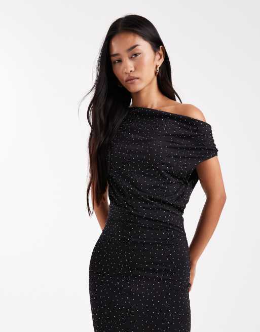 Vero Moda – Maxikleid in Schwarz mit weich fallender Drapierung auf der Vorderseite und durchgehender Strassverzierung, 4 von 4