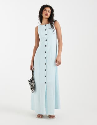 Maxikleid in zartblauer Leinenoptik mit Knopfleiste Blau L