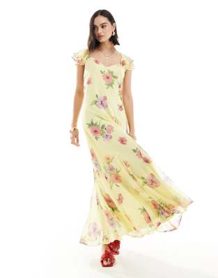 Vero Moda - Maxikleid in Zitronengelb mit Blumenmuster und Rüschenärmeln