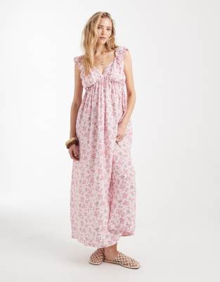 Vero Moda - Maxikleid mit gerüschter Schulterpartie, V-Ausschnitt und rosa Blumenmuster