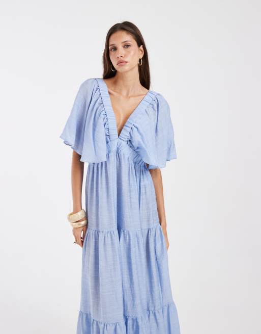 Vero Moda Maxikleid mit Volantärmeln und Stufen in Hellblau, 3 von 4