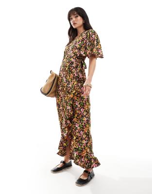 Vero Moda - Maxikleid mit Wickeloptik vorn und dunklem Blumenmuster-Bunt