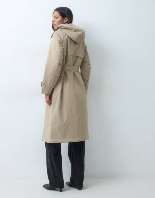 Vero Moda maxilång trenchcoat med huva och bältdetalj i neutral ton, 4 av 5