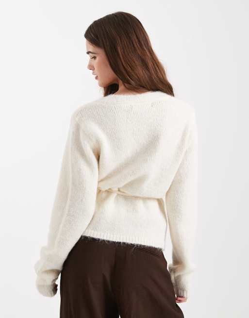 Vero Moda - Meleret cremehvid strikket cardigan med bindebånd i taljen, 4 af 4