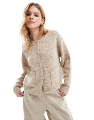 Vero Moda - Melierte, lockere Strickjacke in Beige mit Metallknöpfen-Neutral