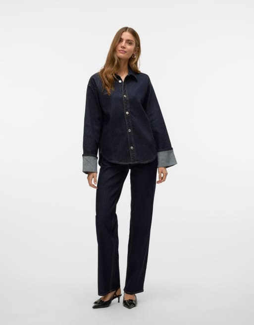 Vero Moda Melisa jeans med medelhög midja och vida ben i mörkblå denim, 3 av 5