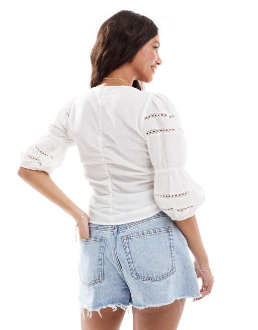 Vero Moda - Melkmeisjestop met kanten randje en gerimpelde voorkant in wit, 4 van 4