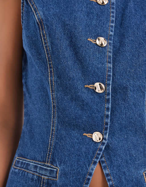 Vero Moda – Mellanblå, lång kostymväst i denim, 3 av 4