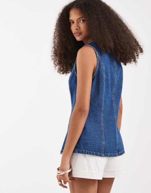 Vero Moda – Mellanblå, lång kostymväst i denim, 4 av 4