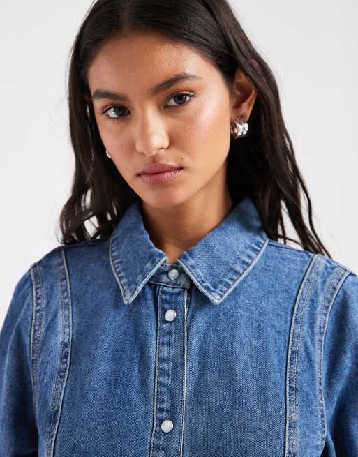 Vero Moda – Mellanblå miniklänning i denim med knäppning och dekorativa sömmar, 3 av 4