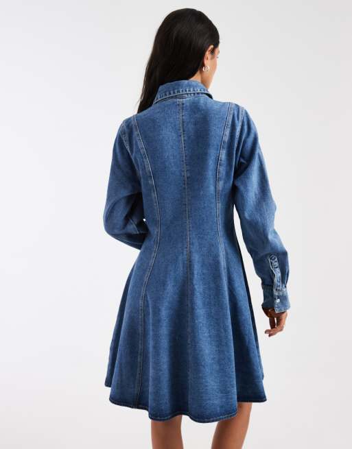Vero Moda – Mellanblå miniklänning i denim med knäppning och dekorativa sömmar, 4 av 4