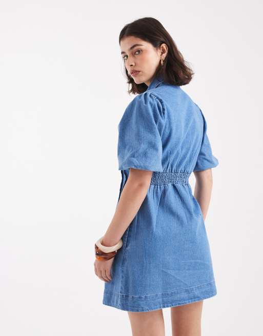 Vero Moda – Mellanblå miniklänning i denim med veckad midja och puffärmar, 4 av 4