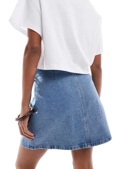 Vero Moda – Mellanblå minlång jeanskjol med omlottdesign, 4 av 5