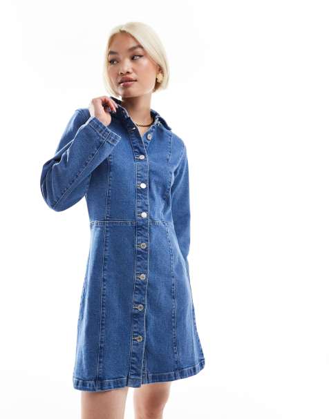 Vero Moda - Mellemblå minikjole i denim med brede ærmer og knapper - view 1