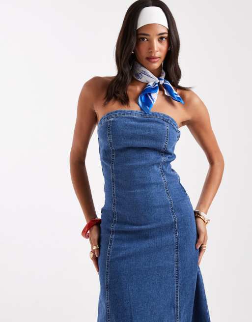 Vero Moda - Mellemblå skaterkjole med bandeau-snit i denim, 3 af 4