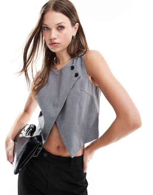 Vero Moda - Mellemgrå skræddersyet højhalset vest med krydsfront