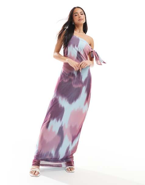 Vero Moda mesh asymmetric off shoulder maxi dress in blurred purple print - view 1