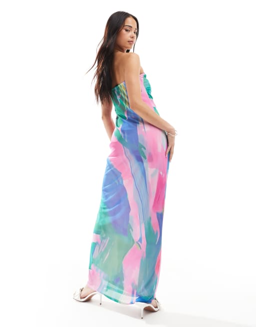 Vero Moda mesh bandeau maxi dress in pink and blue abstract