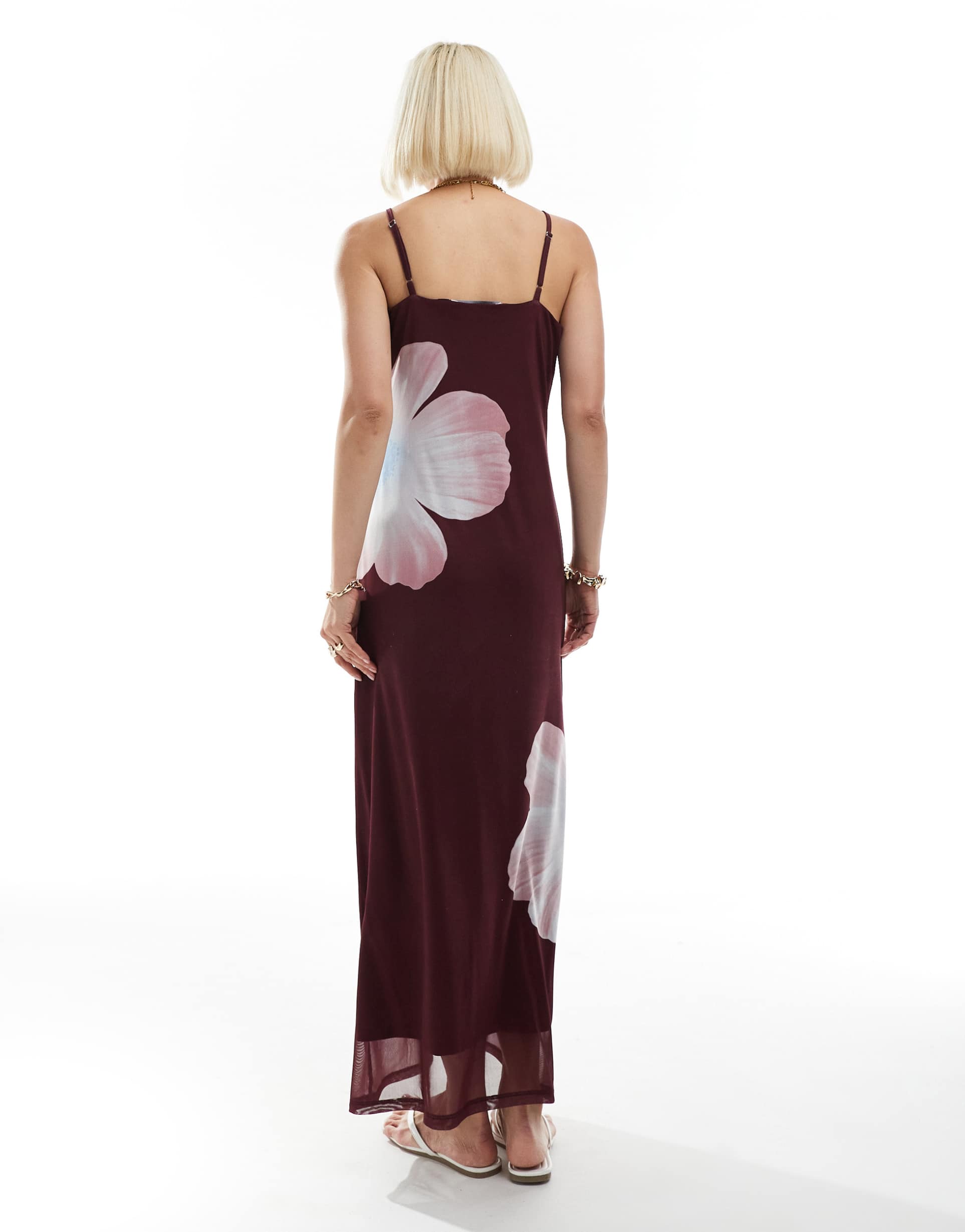 vero moda mesh cami straps maxi dress in oversized floral print