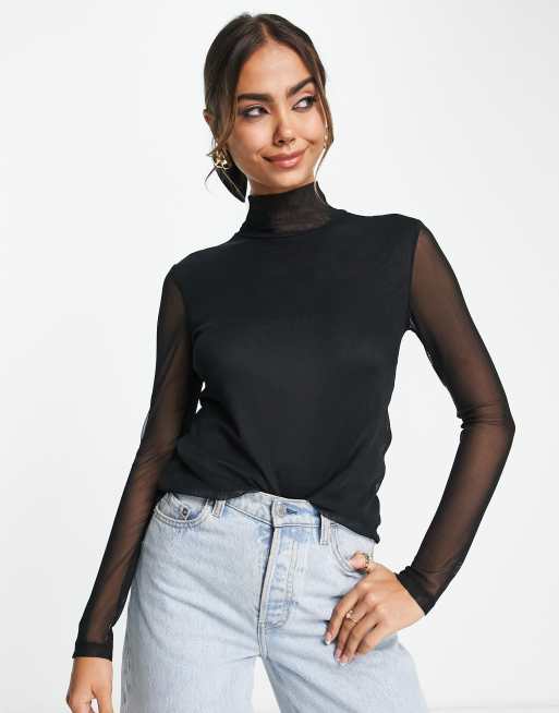 Vero Moda mesh high neck top in black