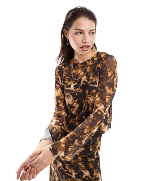 Vero Moda mesh long sleeved jersey top in brown - part of a set - view 1