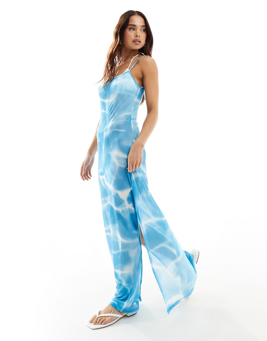 Vero Moda Mesh Maxi Dress With Side Splits In Watercolor Print-blue