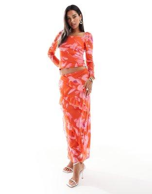 Vero Moda Vero Moda mesh midi skirt co-ord in red floral print